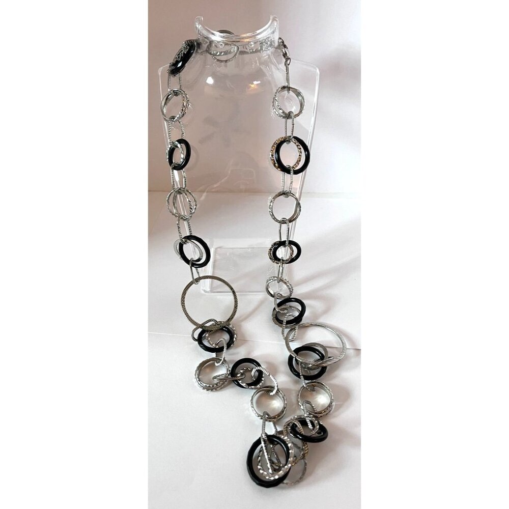 Chico's Textured Black & Silver Circle Signed 21" Link Necklace